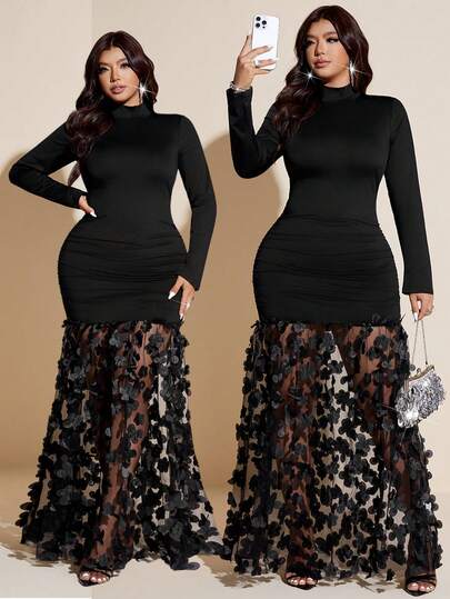 Viva Relle Vestido sexy de manga larga con cuello alto, ajustado, con pliegues y adornos florales, estilo europeo y americano, talla grande