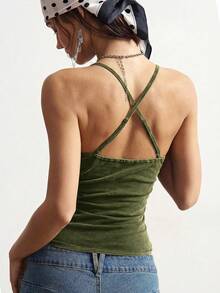 Bohemela Solid Color Knit Fitted Camisole For Women - Army Green - View 2