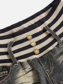 ROMWE Grunge Punk Y2K Crop Ribbed Patchwork Ultra Low Waist Women Denim Shorts - Army Green - View 3