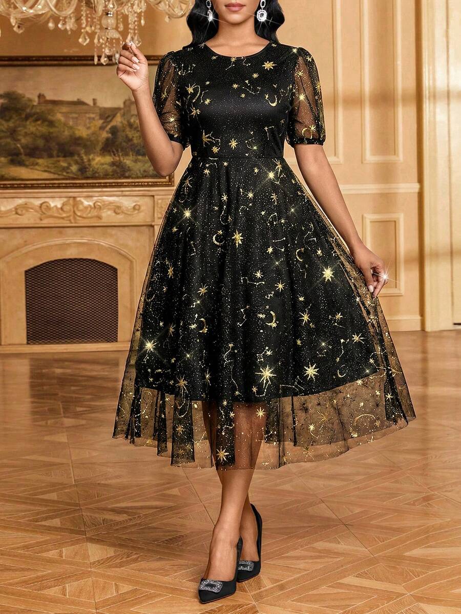 SHEIN Lady Fashionable Party Gold Foil Embroidered Black Mesh Dress - Black - View 1