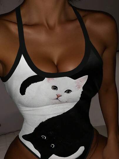 INAWLY 여성용 고양이 프린트 패셔너블 다용도 바캉스 비치 바디수트