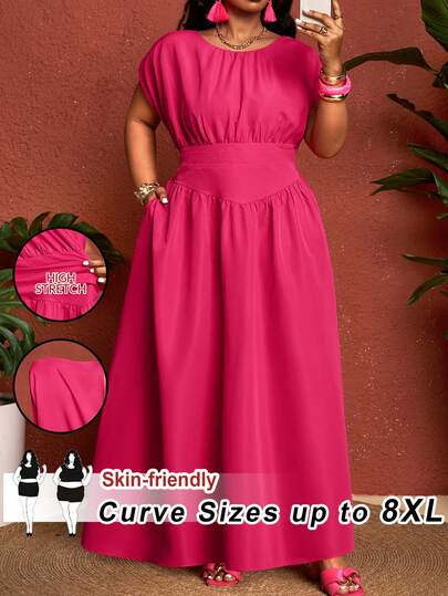 SHEIN CURVE+ Talla grande US22 Vestido largo plisado de corte en ángulo afilado con cuello redondo sin mangas, color liso magenta, para festival de música, vacaciones en la playa, estilo bohemio, primavera/verano 2022, para uso diario, vacaciones en la playa, citas, fiestas, festivales de música