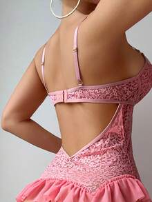 PetitDoll Bộ đồ lót ren gợi cảm 2 món cho nữ (Áo ngực không gọng & Quần lọt khe) khi đi chơi - Hồng - Xem 2