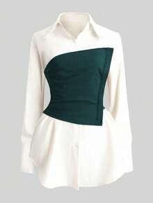 Franclia Elegant Patchwork Casual Long Sleeve Shirt - Dark Green - View 3
