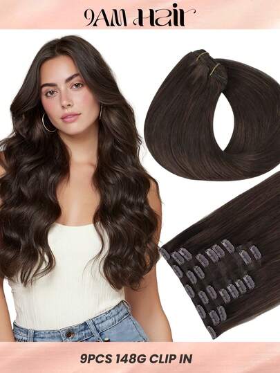 100%真人发 9片装直发夹式接发片 148克 14-24英寸 浅棕色 双层缝制 隐形夹式接发片 Remy天然真人发 适合女性女孩日常使用