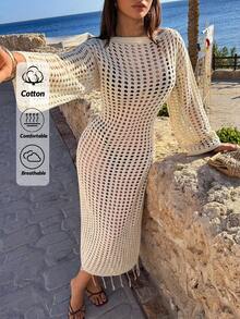 SHEIN Casual Knitted Cardigan With Hollow Design And Fringed Hem, For Summer Holidays At The Beach - Apricot - View 3