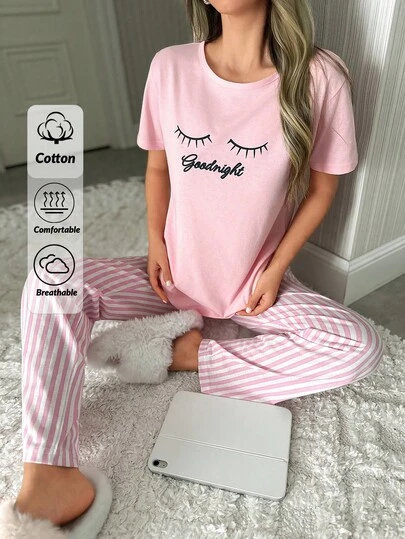 Loomlin 2Pcs Eye Printed Short Sleeve Shirt And Striped Long Bottom Pj Set Women Pajama Cute Pajamas For Woman