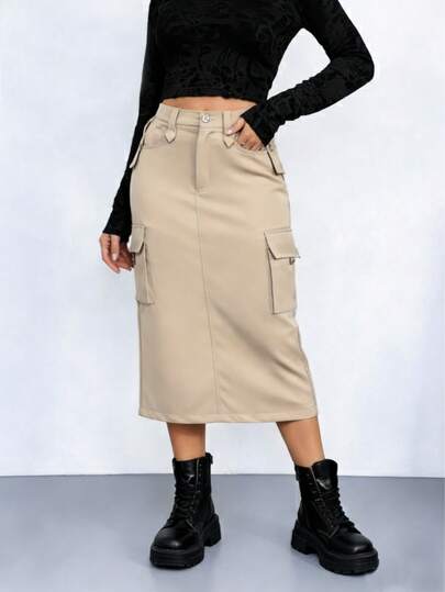 Falda midi cargo para mujer, talle alto con bolsillos laterales, estilo streetwear, versátil para looks casuales