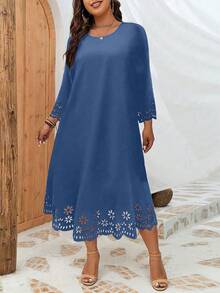 INAWLY Plus Laserskärning Vågig Kant Tunika Klänning - Marinblå - Visa 3