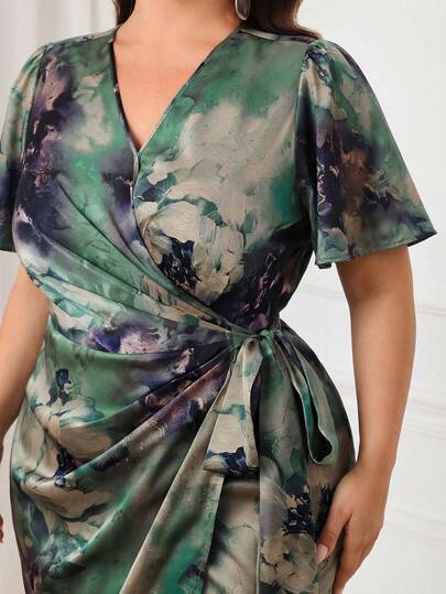 Modelyn Plus Size Women Elegant V-Neck Wrap Tie Waist Dress Wrap Dress Green Satin Dress