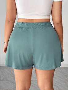 Elenzga Quần short buộc dây màu xanh bạc hà thời trang tối giản cho nữ cỡ lớn bằng vải lụa lạnh - Màu xanh Bạc hà - Xem 4