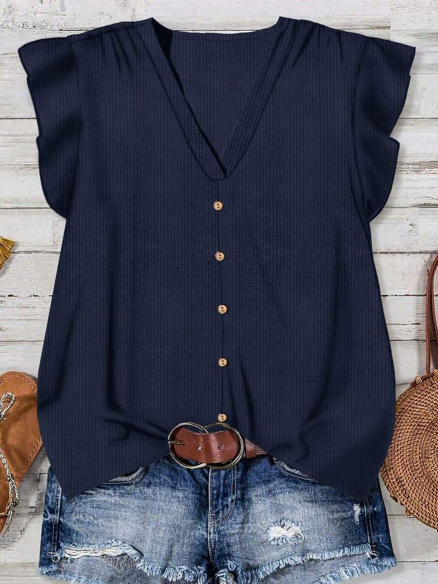 EMERY ROSE Casual Minimalist Navy Blue Polka Dot Plus Size Shirt, Suitable For Summer - Navy Blue - View 1