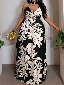 Veslaya 春夏新款无袖V领系带A字长裙，配披肩领，热带植物单色印花，适合海滩、度假、优雅休闲、海岛度假、用餐、日常穿着、浪漫之旅、约会、海边、篝火晚会、波西米亚风、聚会、派对、晚宴、朋友聚会等场合 - 大码 - 彩色 - 查看 2