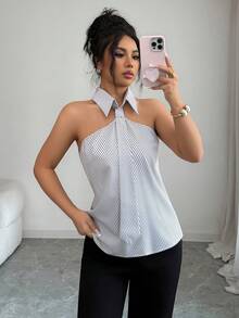 Balvessa Women's Summer New Commuting Casual Striped Shirt, Simple And Fashionable Versatile - Black and White - View 7