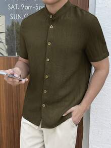 HIMLAND Camisa de manga corta de un solo pecho de unicolor, versátil y casual para uso diario para hombres - Verde militar - Ver 4