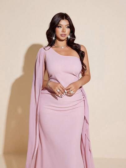 Viva Relle Plus Size Women's Elegant Romantic Dress, Flowy Chiffon Asymmetrical Shoulder Fitted Dress, Spring/Summer