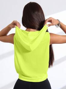 SHEIN Sovereign Charm Women's Fluorescent Green Letter Embroidered Drawstring Sweatshirt Sweatshirt - Yellow - View 2