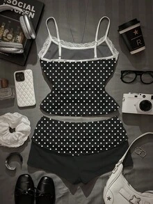 SHEIN EZwear 两件套女士蕾丝吊带背心和褶皱短裤，适合夏季穿着 - 彩色 - 查看 2