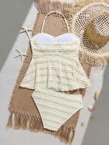 SHEIN 少女吊带泳衣，休闲保守款，浅黄色提花露背吊带上衣，配有抽绳和荷叶边下摆，搭配三角泳裤，时尚优雅，适合游泳、夏季度假、海滩、泳池、节日派对等场合。 - 杏色 - 查看 2