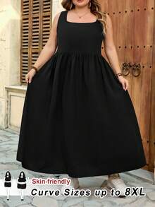 SHEIN CURVE+ Đầm dài dáng rộng màu đen bằng cotton có túi, size US22, thích hợp cho lễ hội âm nhạc, kỳ nghỉ bên bờ biển, phong cách Bohemia dành cho nữ. - màu đen - Xem 9
