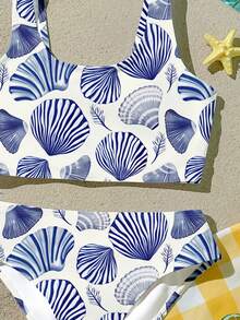 少女贝壳印花比基尼和三角裤休闲简约套装，适合夏季度假和海滩穿着 - 彩色 - 查看 7