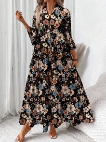 SHEIN LUNE 女式复古花卉 V 领褶皱长袖长裙，适合春夏季 - 彩色 - 查看 6