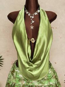 Sunspun 春夏时尚度假优雅缎面金属扣装饰垂褶领带吊带背心搭配缎面印花褶皱双层下摆迷你裙性感两件套沙滩装 - 彩色 - 查看 4