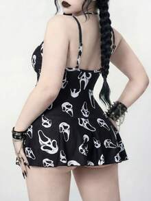 ROMWE Goth Conjunto de traje de baño de 2 piezas con estampado de calavera talla grande 2026, conjunto de vacaciones de verano para mujer - Blanco y Negro - Ver 2