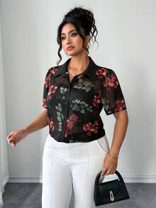 Elenzga 大码女式优雅纯色拼接领短袖宽松百搭半透明雪纺印花休闲假日衬衫 - 黑色 - 查看 3