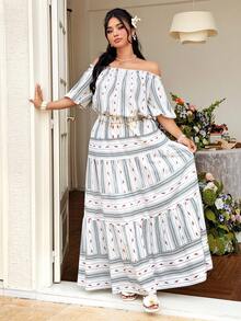Celure Plus Size Women's Off-Shoulder Petal Sleeve Printed Striped A-Line Dress, Vacation Style - Multicolor - View 1