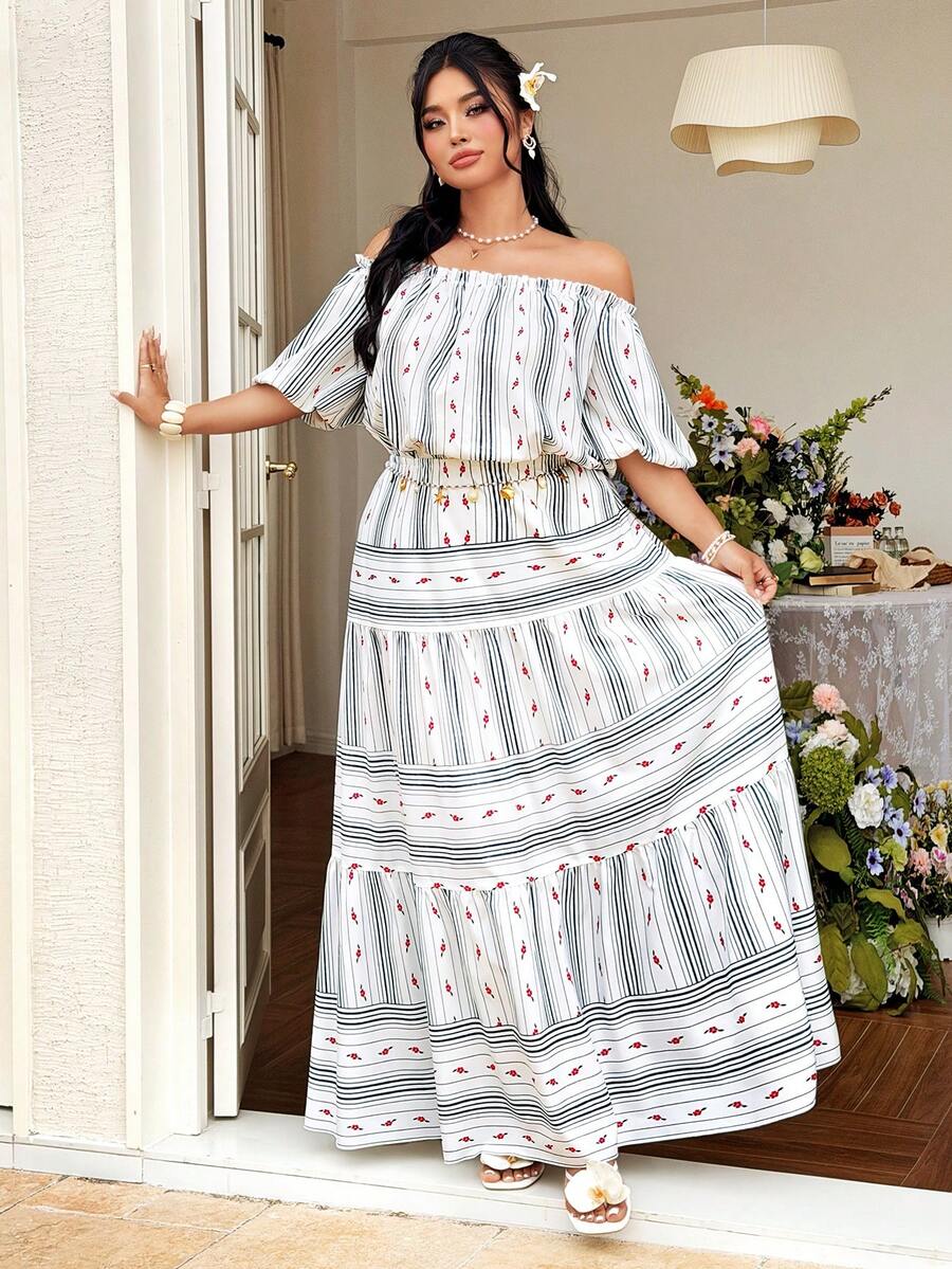 Celure Plus Size Women's Off-Shoulder Petal Sleeve Printed Striped A-Line Dress, Vacation Style - Multicolor - View 1