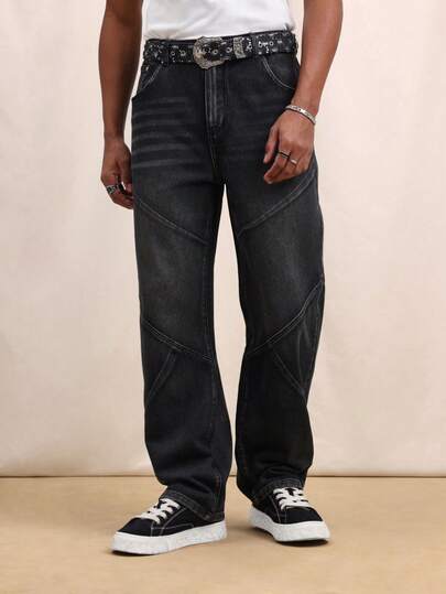 SUMWON Men's Skater Fit Dark Wash Denim Jeans With Decorative Contrast Panels Wide Leg Casual Streetwear Winter Spring