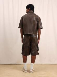 SUMWON 男士棕色仿皮纽扣衬衫，短袖复古西部风格翻领休闲上衣，常规版型，春夏时尚外套 - 棕色 - 查看 6