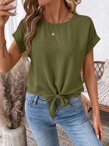 SHEIN LUNE 女士休闲纯色系带短袖衬衫，日常基本款，春夏款 - 綠色 - 查看 3