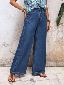 EMERY ROSE Women's Pocket Button Casual Versatile Daily Wear Wide Leg Jeans - Blue - View 6