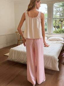 SHEIN Women's Romantic Plaid Pants + Frill Trim Square Neck Camisole 2 Pieces Pajama Set - Apricot - View 2
