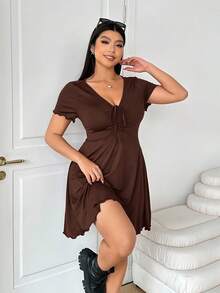 Enliva Plus Size Women Valentine's Day Red V-Neck Front Tie Dress Milkmaid Dress, For Body Shape, For Summer - Brown - View 4
