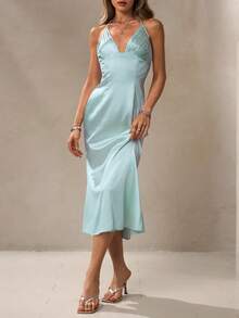 NOVVYNE V领缎面吊带露腰连衣裙，高端生日/成人派对露背鱼尾礼服 - 綠色 - 查看 3