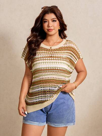 Elaquor Plus Size Women Striped Hollow Design Short Sleeve Casual Knit Top
