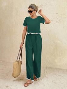 SHEIN Frenchy Women's Round Neck Short Sleeve Shirt And Pants Casual 2 Pieces Set - Dark Green - View 3