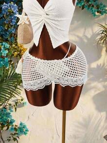 Amplova Women's White Contrast Lace Hollow-Out Skirt Summer Boho Beach Holiday Outfits, Y2k Spring Festival Easter Skirt,Elegant Wedding Guest Party Skirt - Apricot - View 5