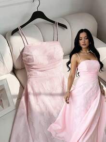 Elenzga Sleeveless Pleated Textured Jacquard Double-Layer Chiffon A-Line Dress, Waist Cinching Design, Light Pink, Elegant French Style, Suitable For Vacation & Wedding Season - Pink - View 7