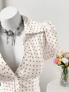 Sweetra 加大码女式杏色复古浪漫休闲学院风波点多功能开襟衬衫，时尚灯笼袖外套，常规款衬衫，适合日常外出和返校季，夏季适合返校季日常外出，适合日常穿着、办公室、度假、生日派对、音乐节、情人节、春夏女装+科切拉音乐节/派对，是度假的理想之选 - 彩色 - 查看 3