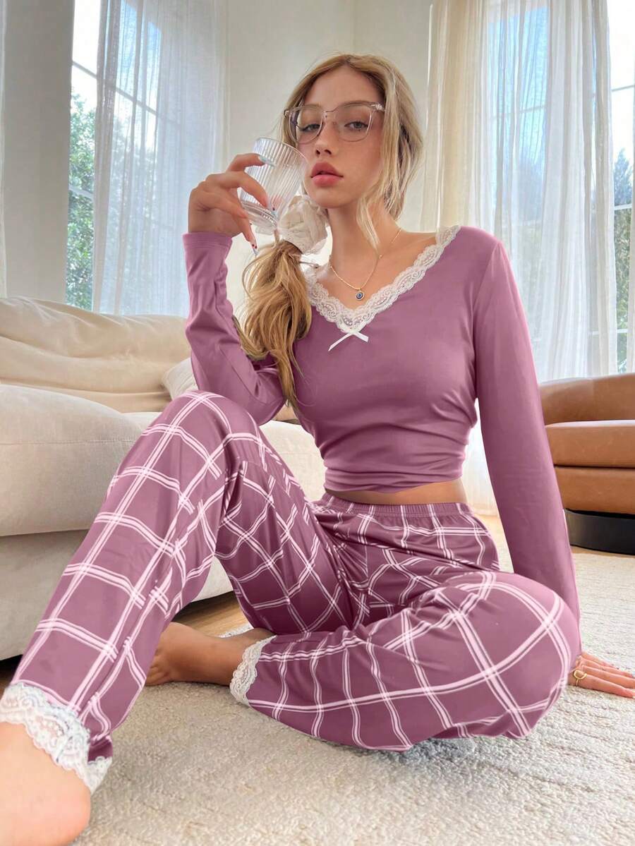 ZzzCrew 格纹印花 V 领撞色蕾丝边长袖长裤女士睡衣套装 - 紫色 - 查看 1