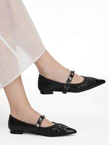 Mnmlis Women's Spring/Summer Fashion Silver Rivet Pointed Toe Flat Mary Jane Shoes, French Style Soft Leather Black Office Daily Wear - Black - View 6