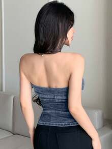 DAZY 夏季性感修身露脐上衣，不对称领口和抹胸设计，女士款 - 霧霾藍 - 查看 3