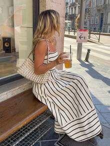 Serisse Đầm maxi nữ kẻ sọc xếp nếp, kiểu dáng thường ngày, thích hợp cho kỳ nghỉ. - Màu be - Xem 3