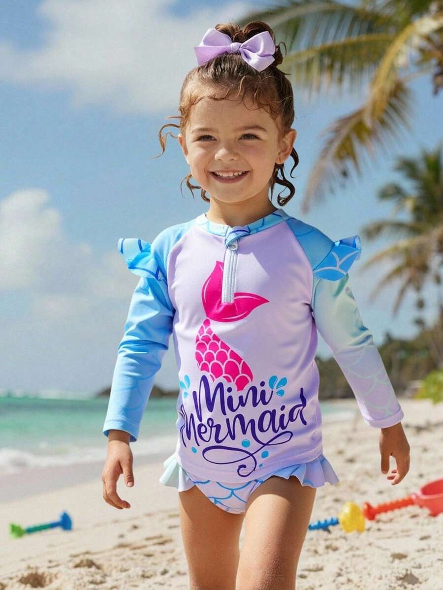 2 piezas Conjunto de traje de baño tipo tankini con estampado de sirena para niñas, lindo traje de baño para vacaciones en la playa - Morado - Ver 1