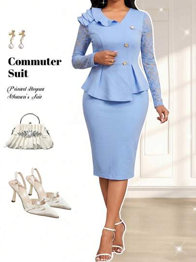 SHEIN Lady Women's Solid Color Lace Long Sleeve Top & Mini Skirt 2 Pieces Set