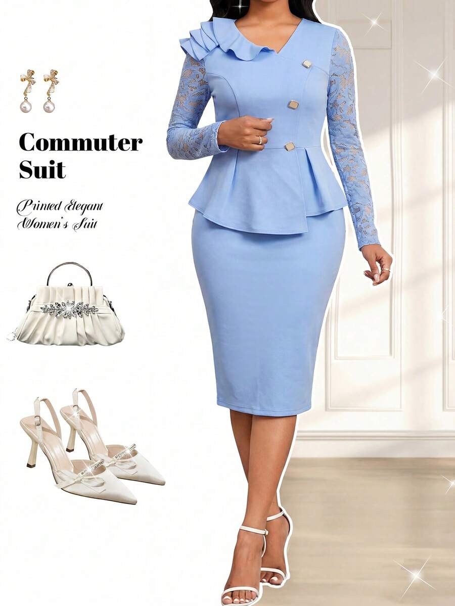 SHEIN Lady Bộ đồ 2 món dành cho nữ: áo dài tay và chân váy ngắn ren màu trơn. - Màu xanh nhạt - Xem 1